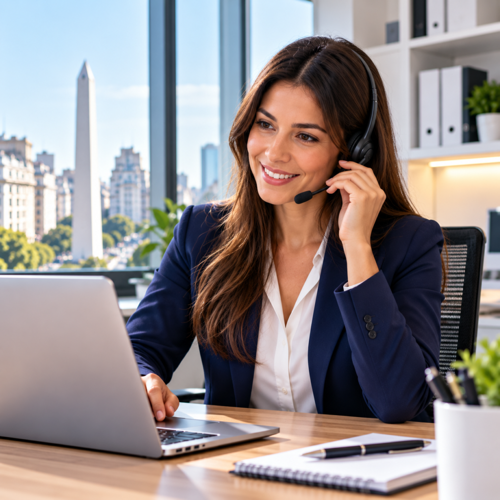 consultora sonriente en oficina moderna