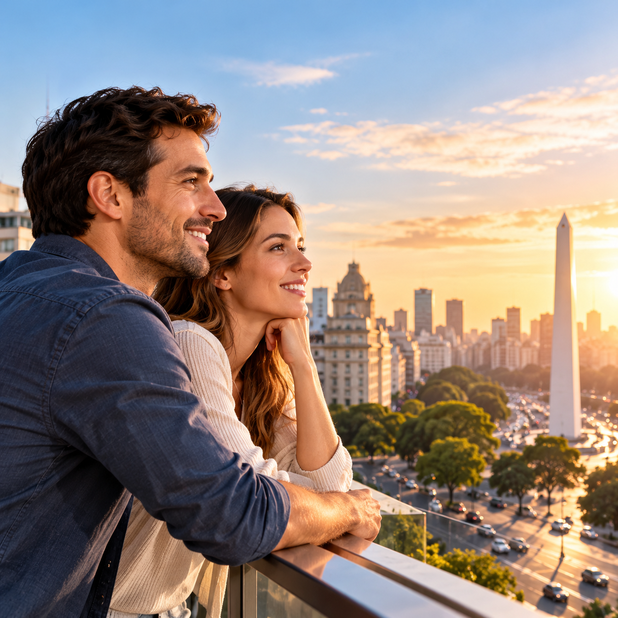 pareja contemplando la ciudad al atardecer